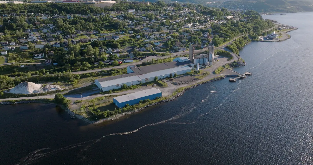 Aerial view of Corner Brook harbour and hillside town